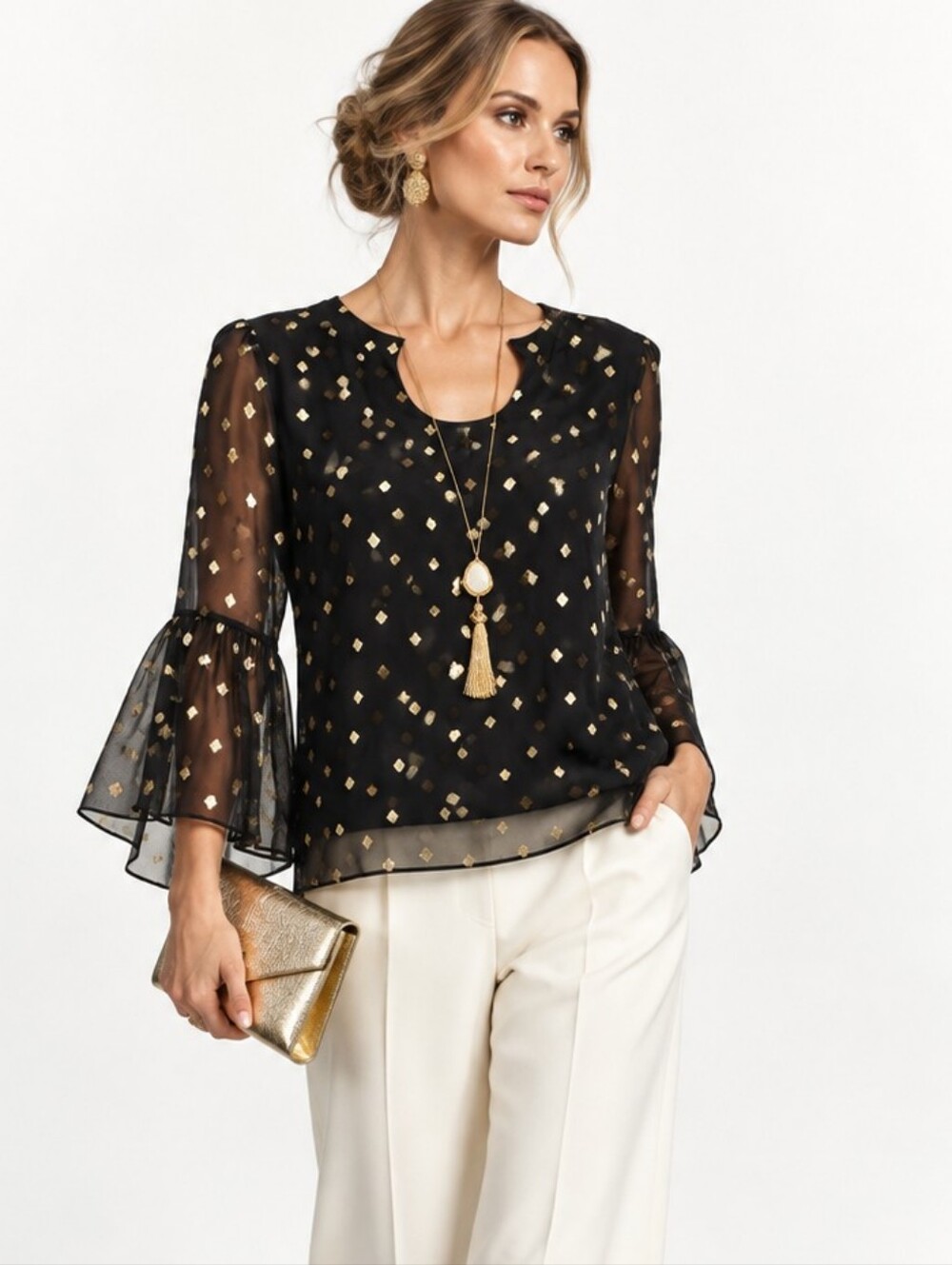 Lilly Pulitzer Silk Blouse Black And Metallic Gold Sheer Sleeves